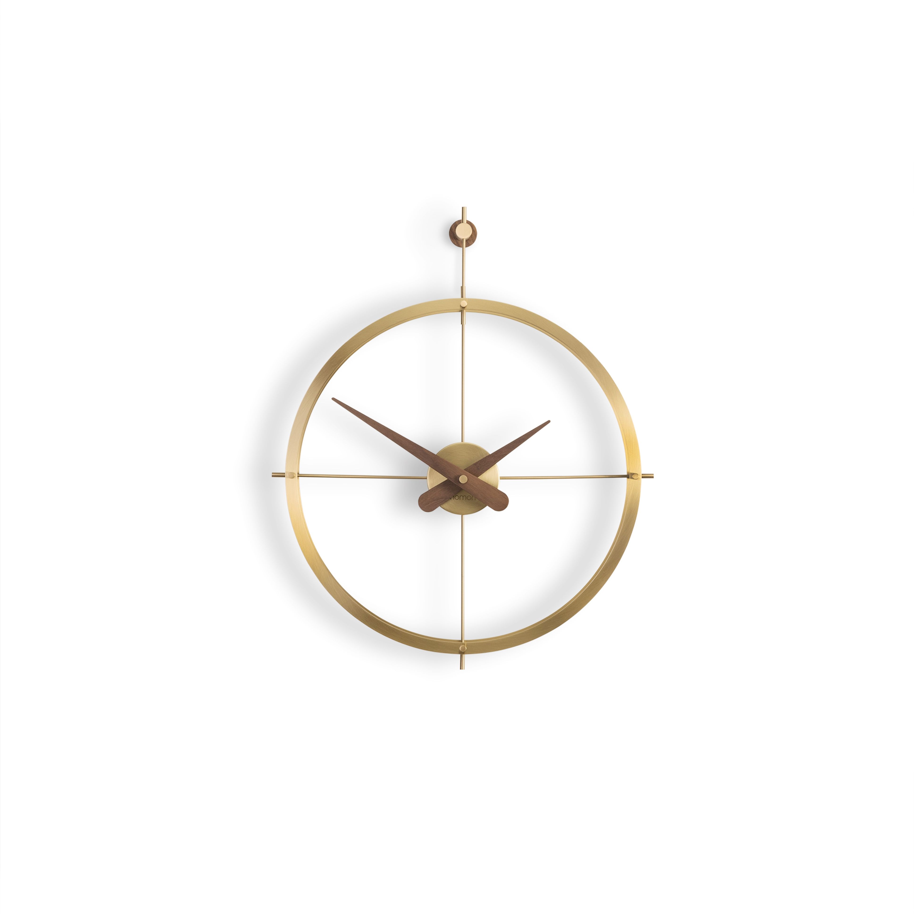 Nomon Uhr, Modell 2 Puntos, goldfarbener Metallrahmen mit Holzzeigern, modernes Design.
