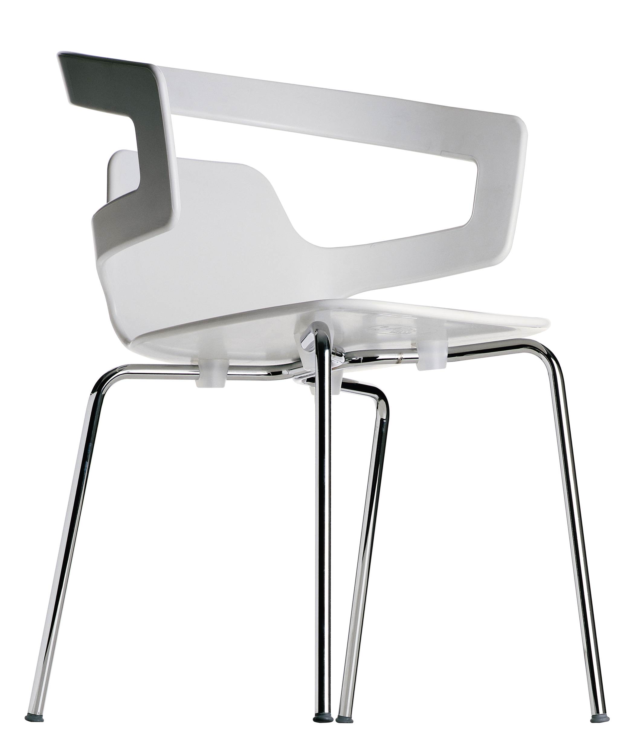 Moderner Segesta Stuhl mit weißer Sitzschale und verchromtem Stahlgestell, Ansicht von hinten.