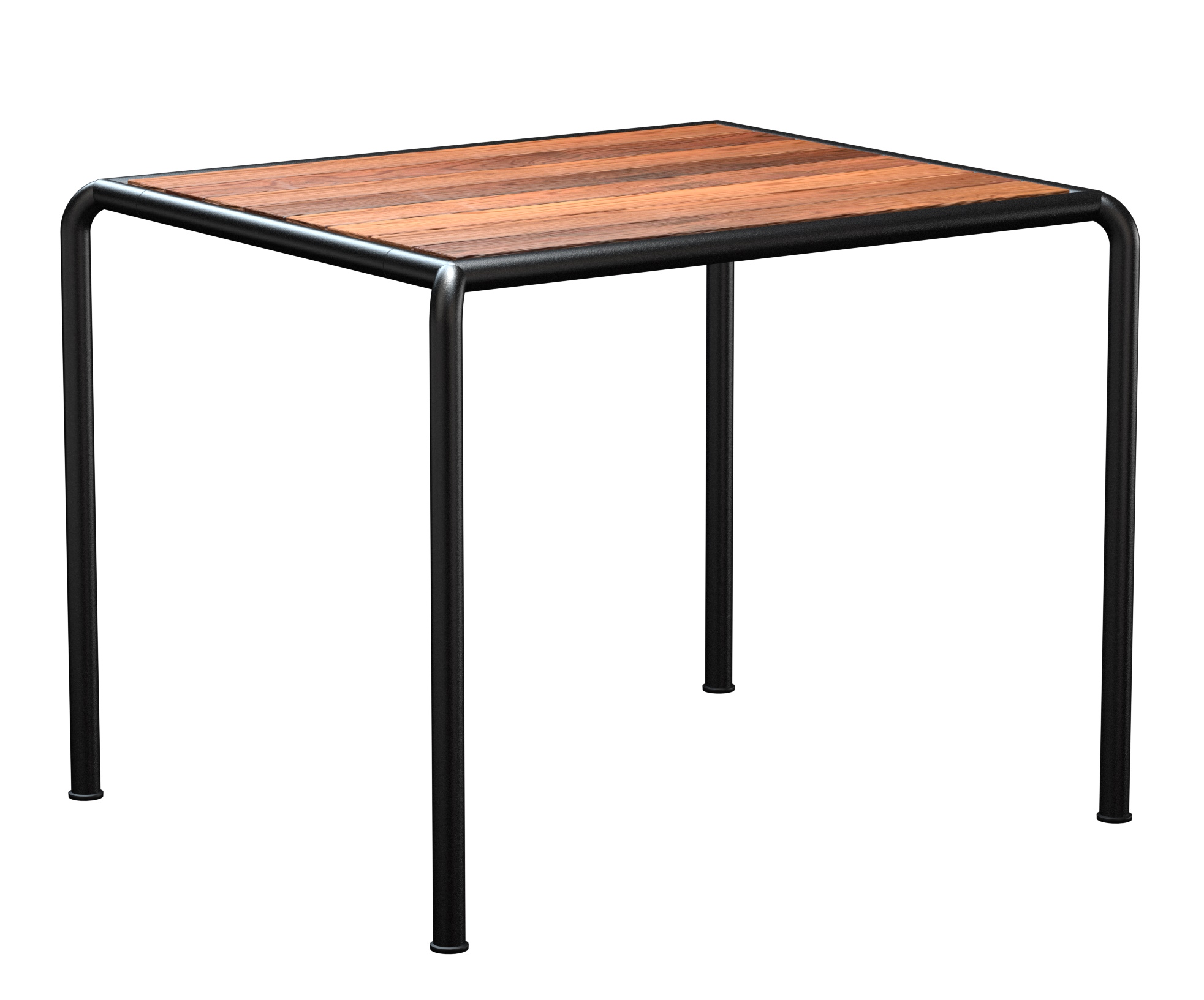 Quadratischer Houe Esstisch Avanti mit Holzplatte und schwarzem Metallgestell für den Outdoor-Bereich.