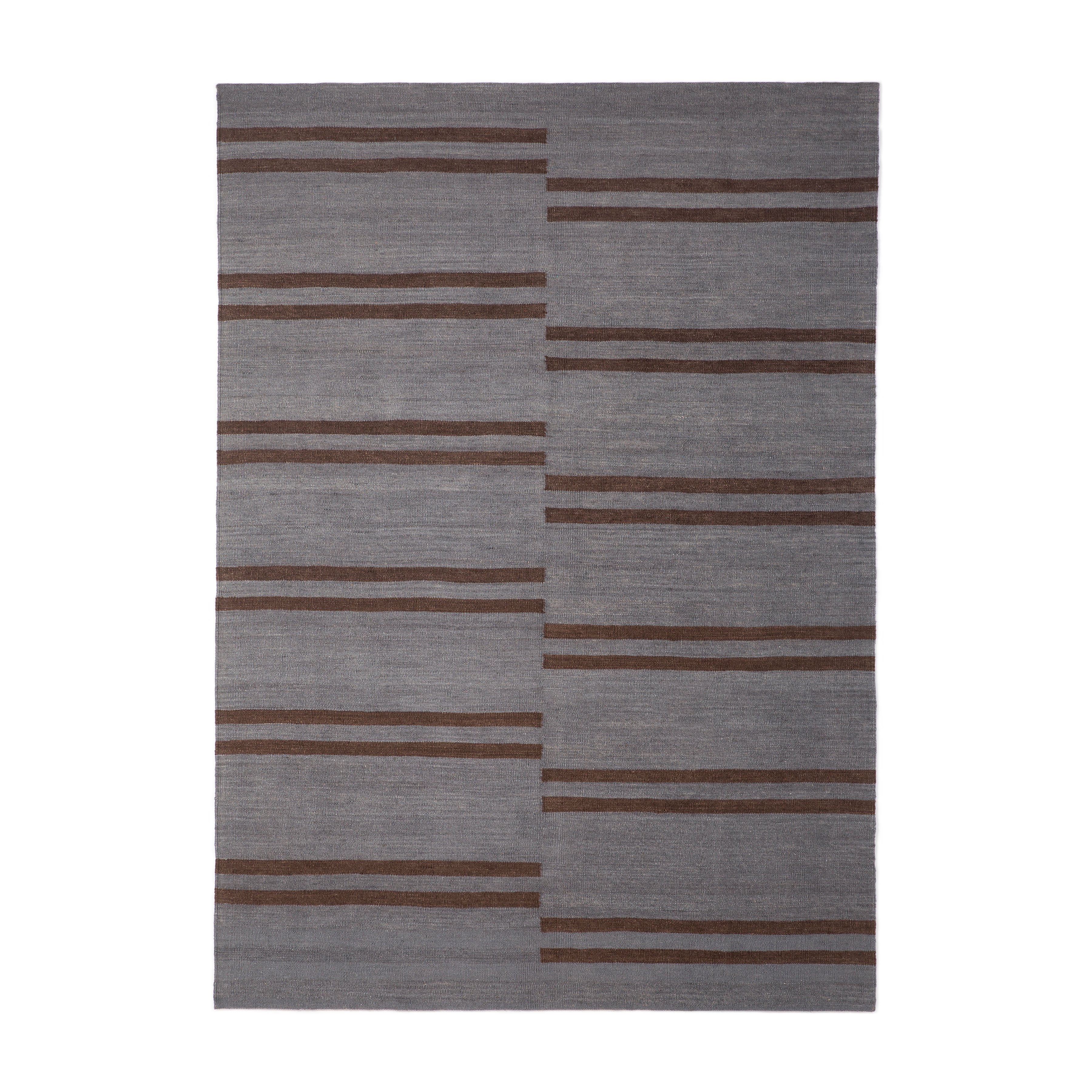 Blauer Kilim Teppich mit braunen Streifen, 170x240 cm, Ethno-Design für Wohnzimmer und Schlafzimmer.