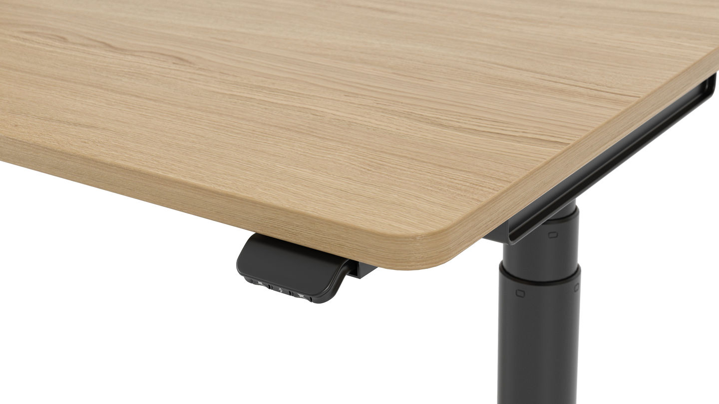 Detailaufnahme vom Vitra Tyde 2 Schreibtisch mit heller Tischplatte und schwarzem, höhenverstellbarem Gestell.