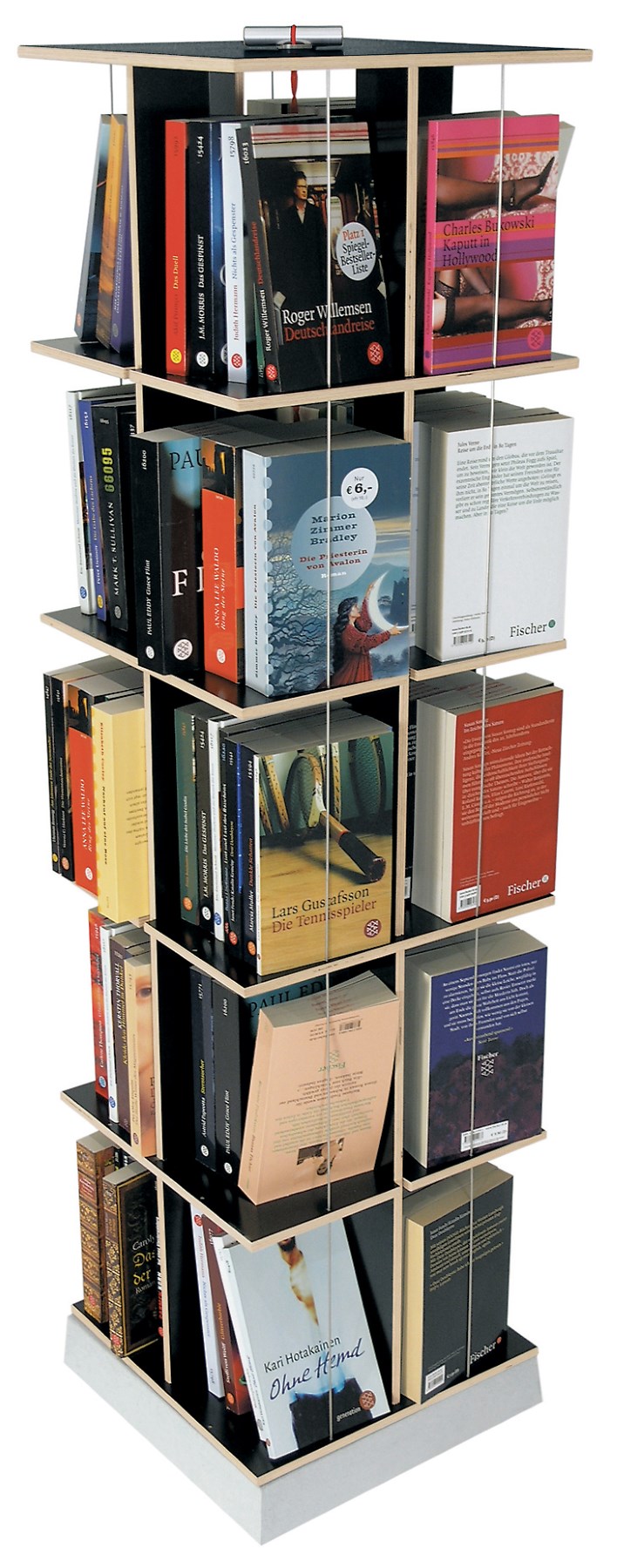 Buchständer Bücherturm von Nils Holger Moormann, drehbares Bücherregal für Bücher und DVDs.