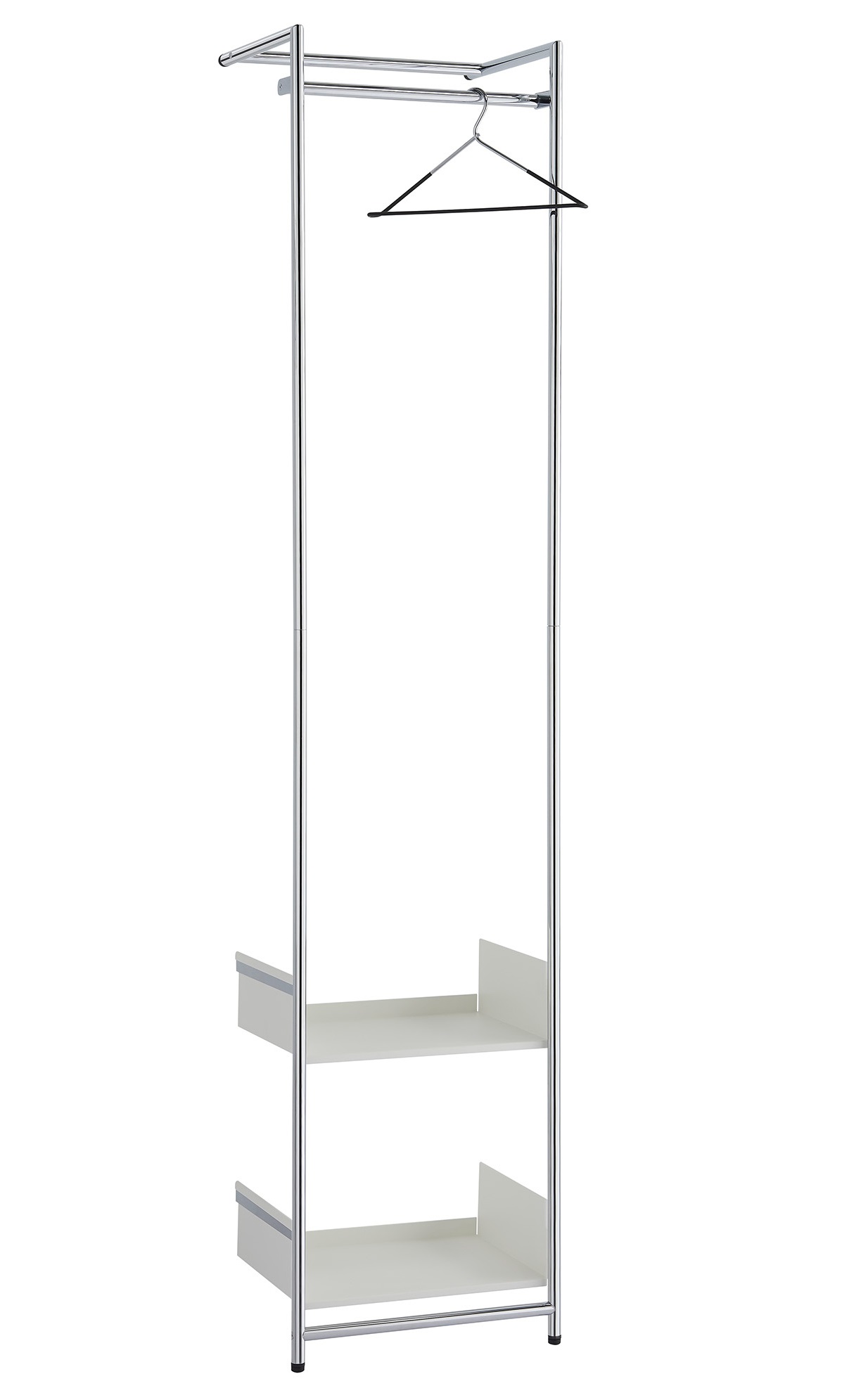 Comba S Anlehngarderobe von Mox mit Chromgestell und weißen Ablageflächen, inklusive Kleiderbügel.