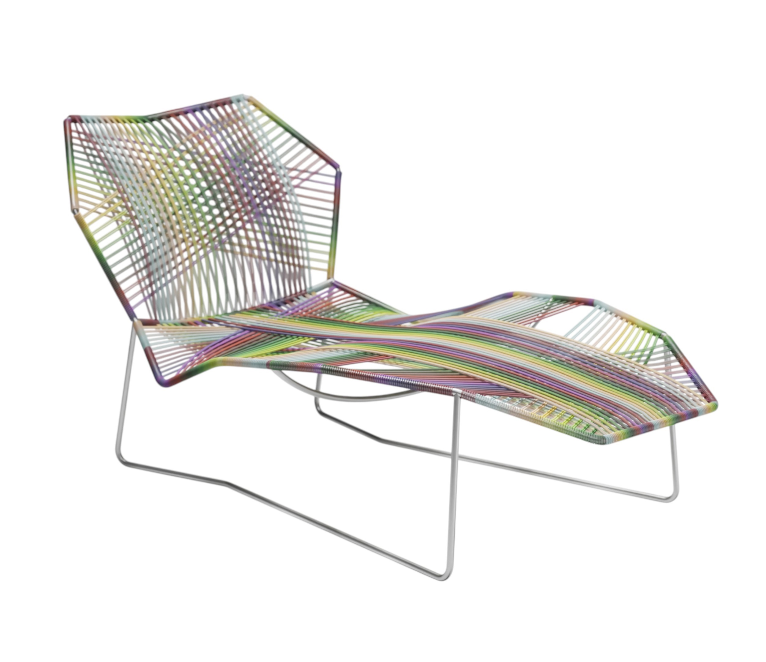 Moroso Tropicalia Outdoor Liege mit farbenfroher Schnur und Stahlgestell, modernes Design für Garten und Terrasse.