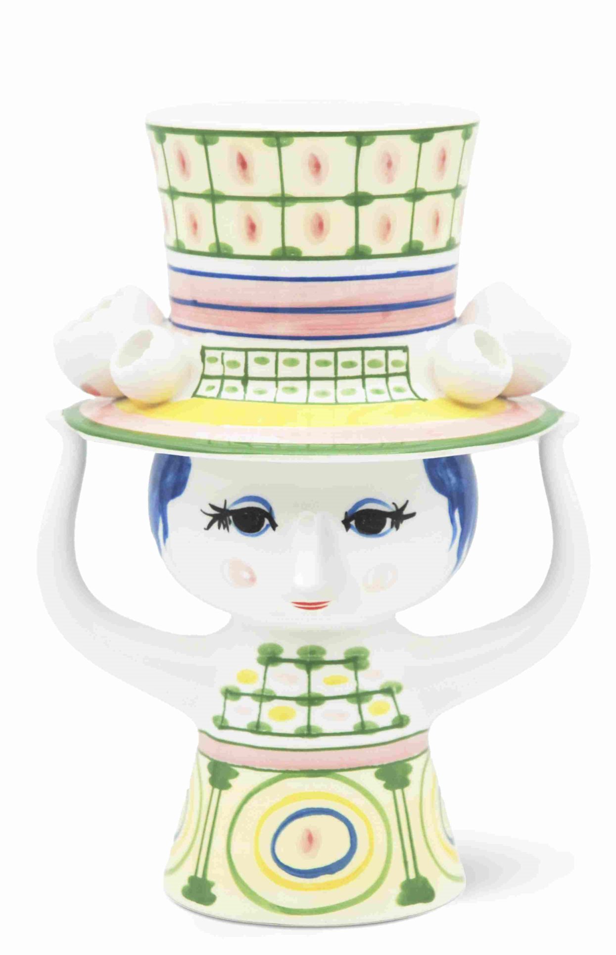 Keramikvase "Lady with Hat" von Bjorn Wiinblad, dekorative Blumenvase mit Hut und verspieltem Design.