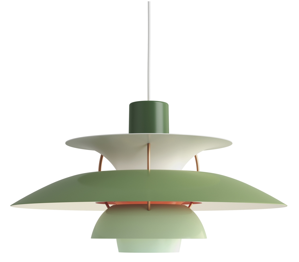 Grüne PH 5 Pendelleuchte von Louis Poulsen, Designklassiker für stilvolle Beleuchtung im Wohnraum.