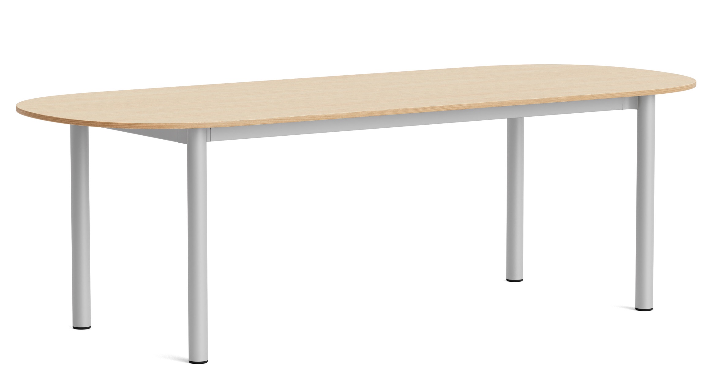 Annex Table von Hay: Ovaler Esstisch mit heller Holzplatte und silberfarbenem Metallgestell für Esszimmer.