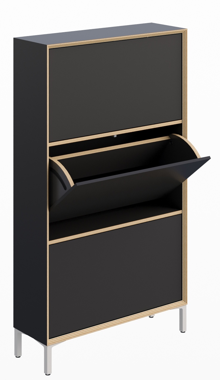 Vertiko Schuhschrank von Müller Möbelwerkstätten in Schwarz mit Kippfächern und geöffneter Klappe für Schuhe.