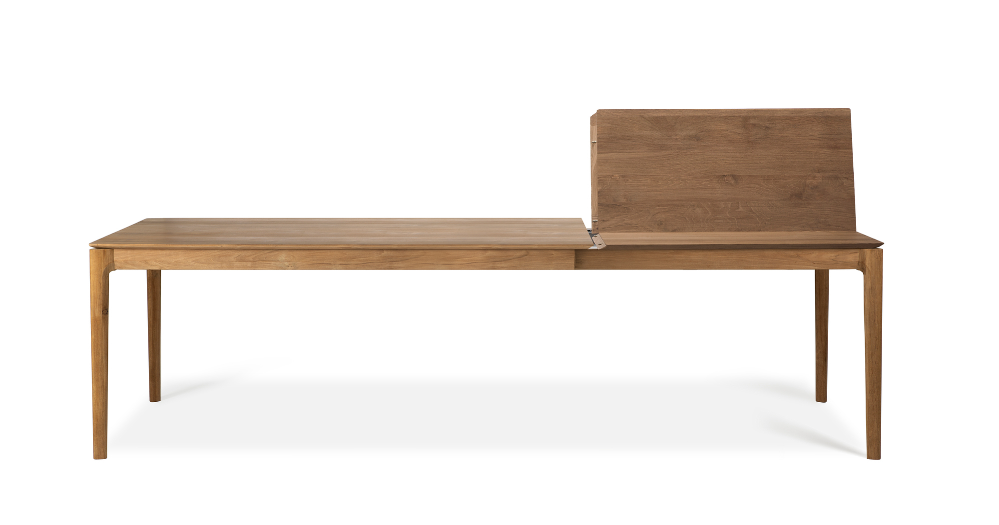 Ethnicraft Bok Teak Ausziehtisch 180 cm, teilweise ausgezogen, modernes Design, natürliche Holzmaserung.