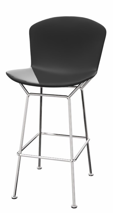 Schwarzer Bertoia Barhocker mit Kunststoffschale und verchromtem Stahlgestell für Küche oder Bar.