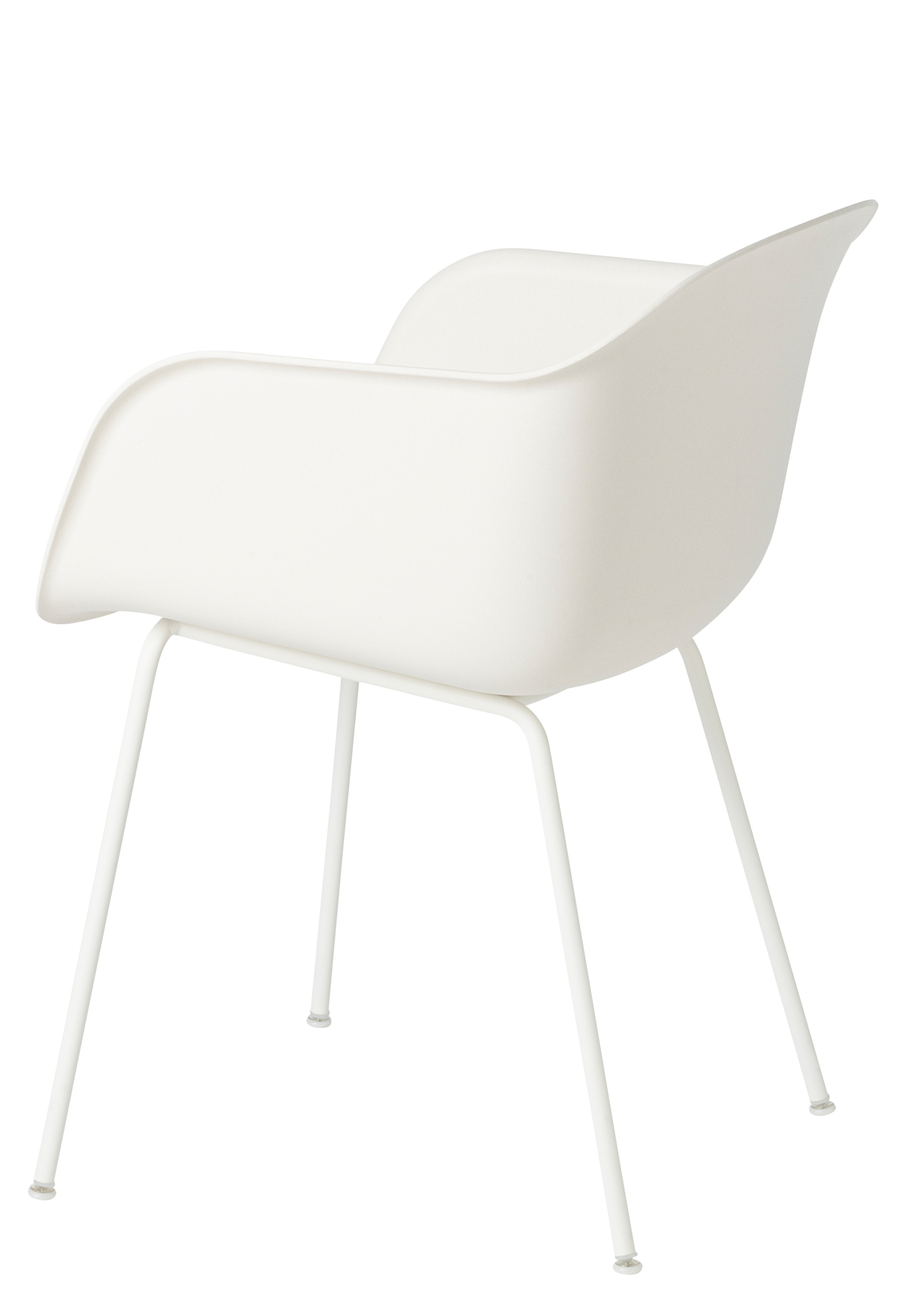 Muuto Fiber Armchair mit Tube Base, weißer Design Stuhl mit Armlehne und Stahlrohrgestell.