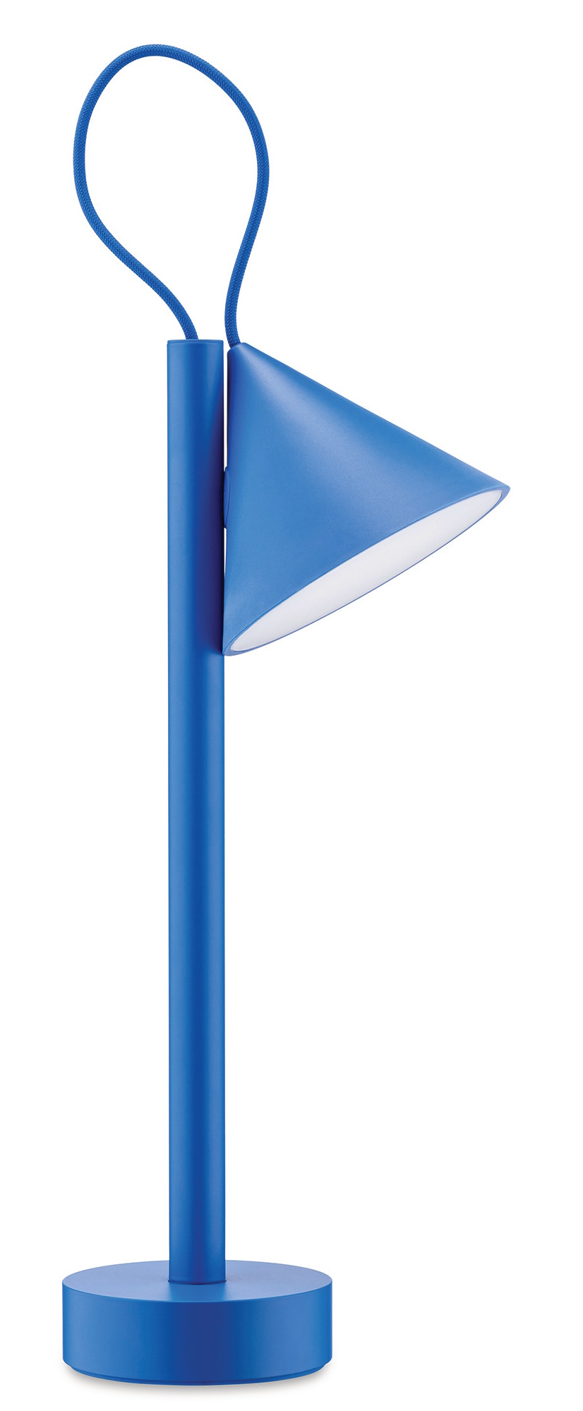 Blaue Tsumiki Akku Tischleuchte von Alessi, modernes Design mit konischem Lampenschirm und Tragegriff.