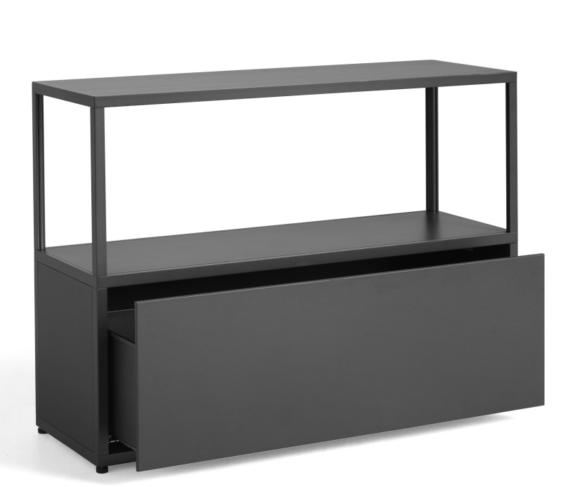 Graues New Order Sideboard von Hay mit offener Schublade und Regal. Modernes Design.