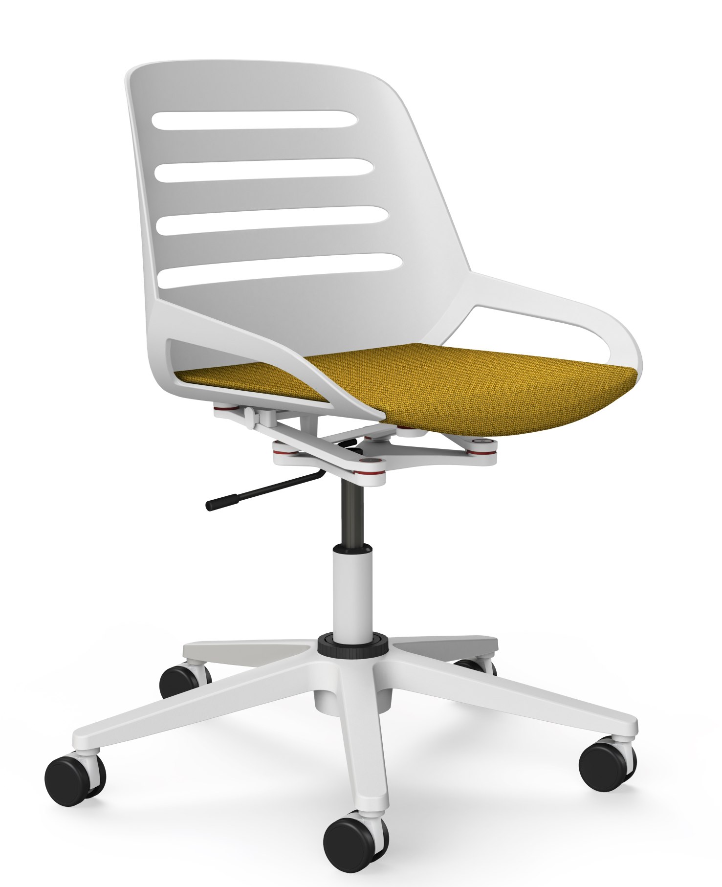 Numo Task Bürodrehstuhl mit weißem Gestell, gelbem Sitzpolster und schwarzen Rollen. Moderner Drehstuhl für Büro und Homeoffice.