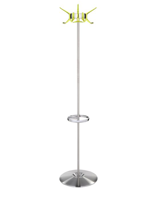 Moderner Hanger Garderobenständer von Kartell mit gelben Haken und silbernem Metallfuß. Design Garderobe für Flur und Büro.