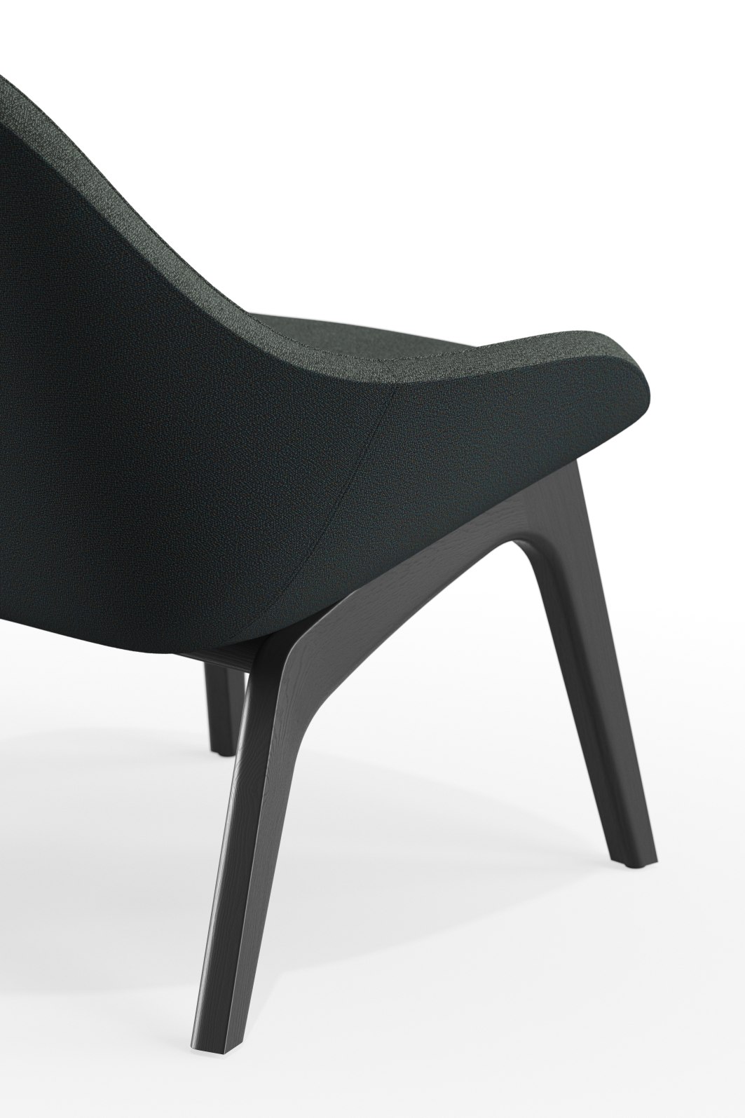Detailaufnahme des Morph Lounge Chairs: Moderner Sessel mit dunklem Stoffbezug und Holzbeinen auf weißem Hintergrund.