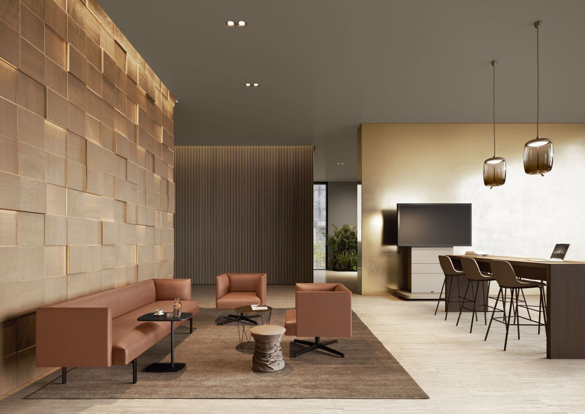 Muud Lite Sofa von Walter Knoll in braunem Leder in einem modernen Wohnzimmer.