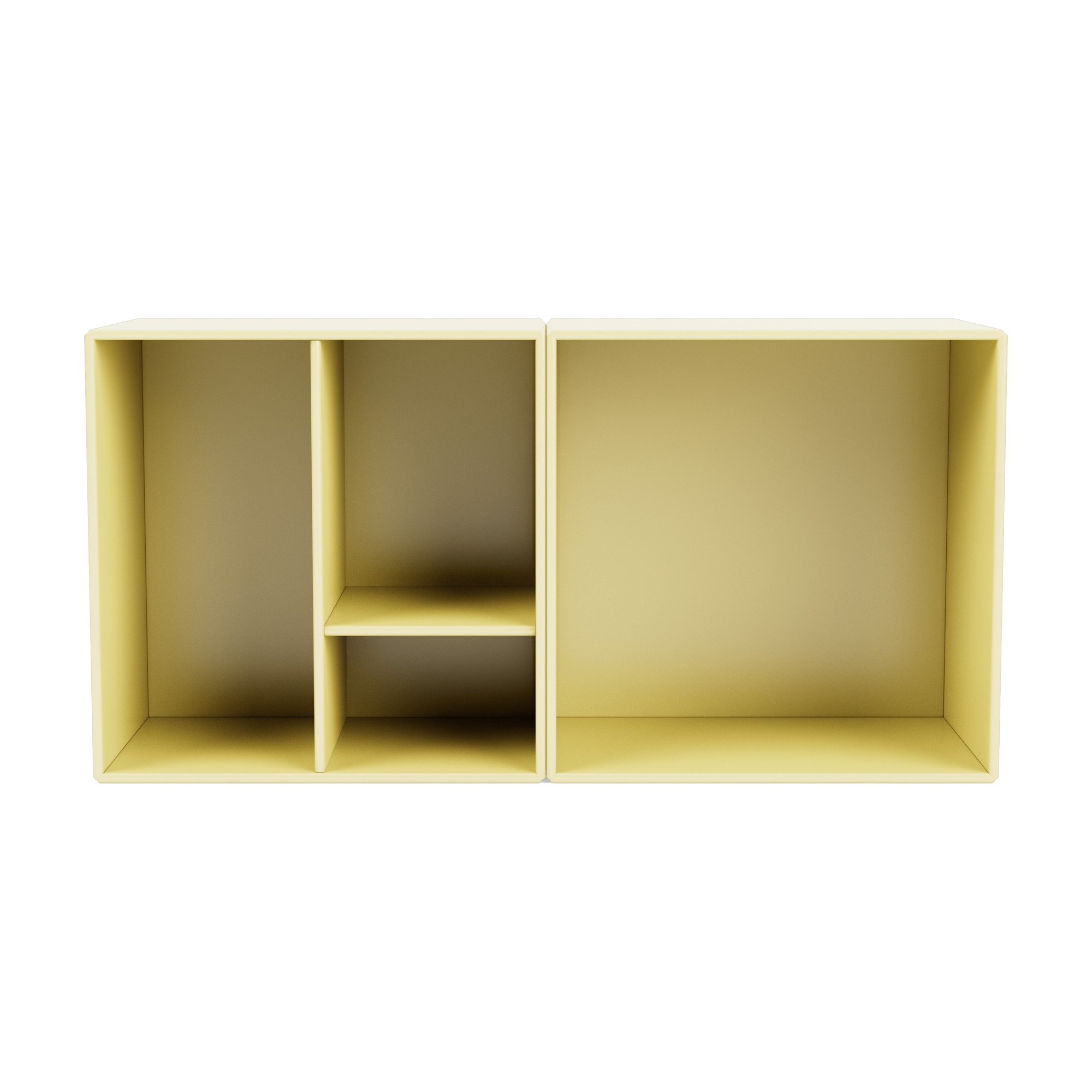 Gelbes Montana Mini Modul, offenes Regal mit Fächern, modernes skandinavisches Design für Wohnzimmer und Büro.