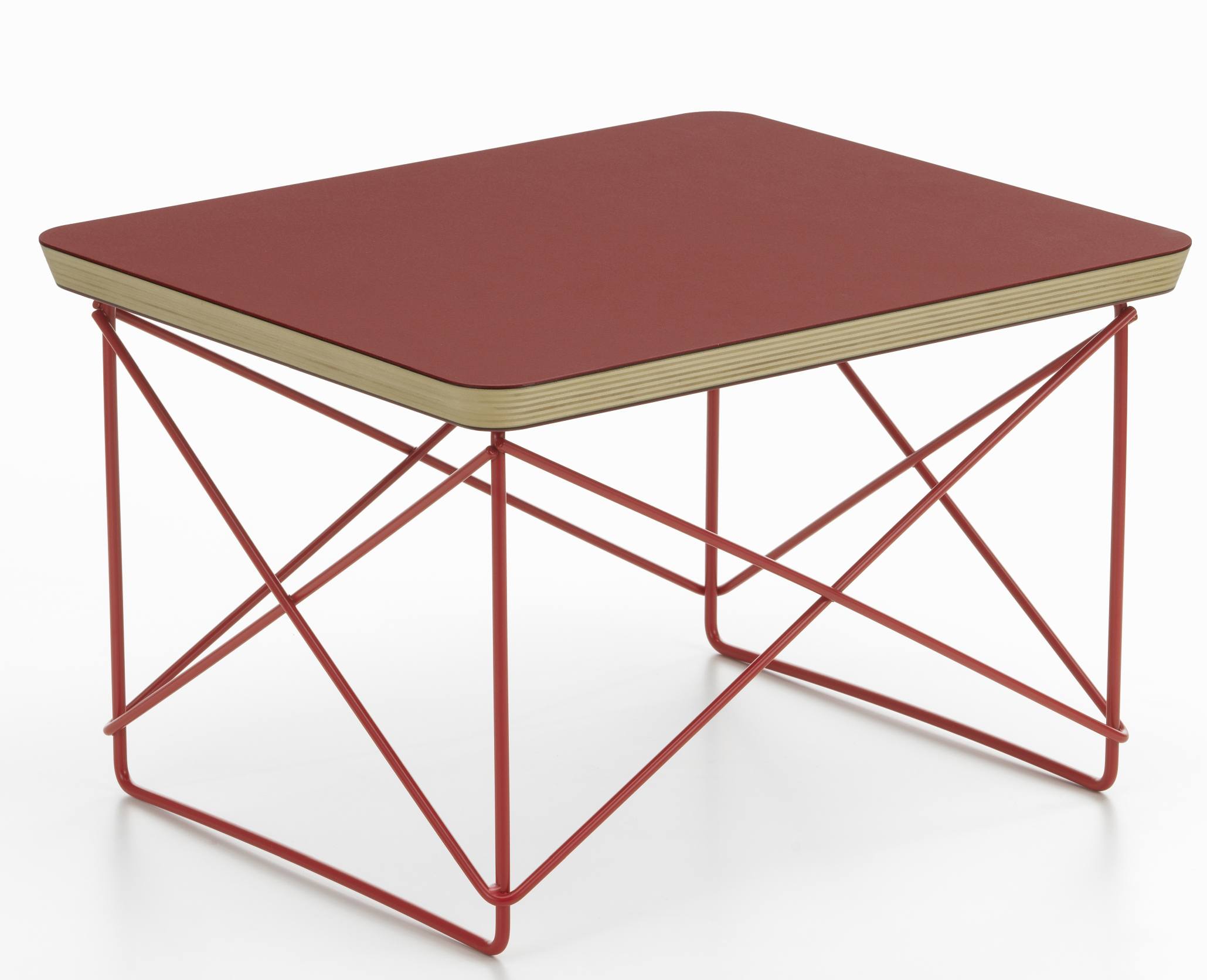 Vitra LTR Beistelltisch mit Linoleum Tischplatte in Ziegelrot und rotem Drahtgestell.
