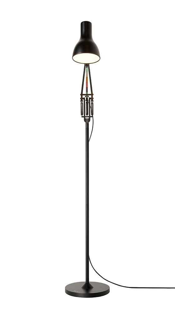 Schwarze Type 75 Stehleuchte von Anglepoise, Paul Smith Edition, mit verstellbarem Lampenschirm und Federmechanismus.