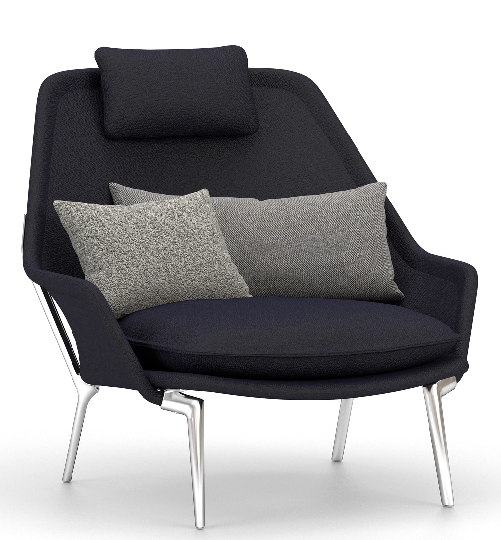 Vitra Slow Chair Sessel mit dunkelblauem Stoffbezug, Kopfstütze, Kissen und silbernen Beinen.