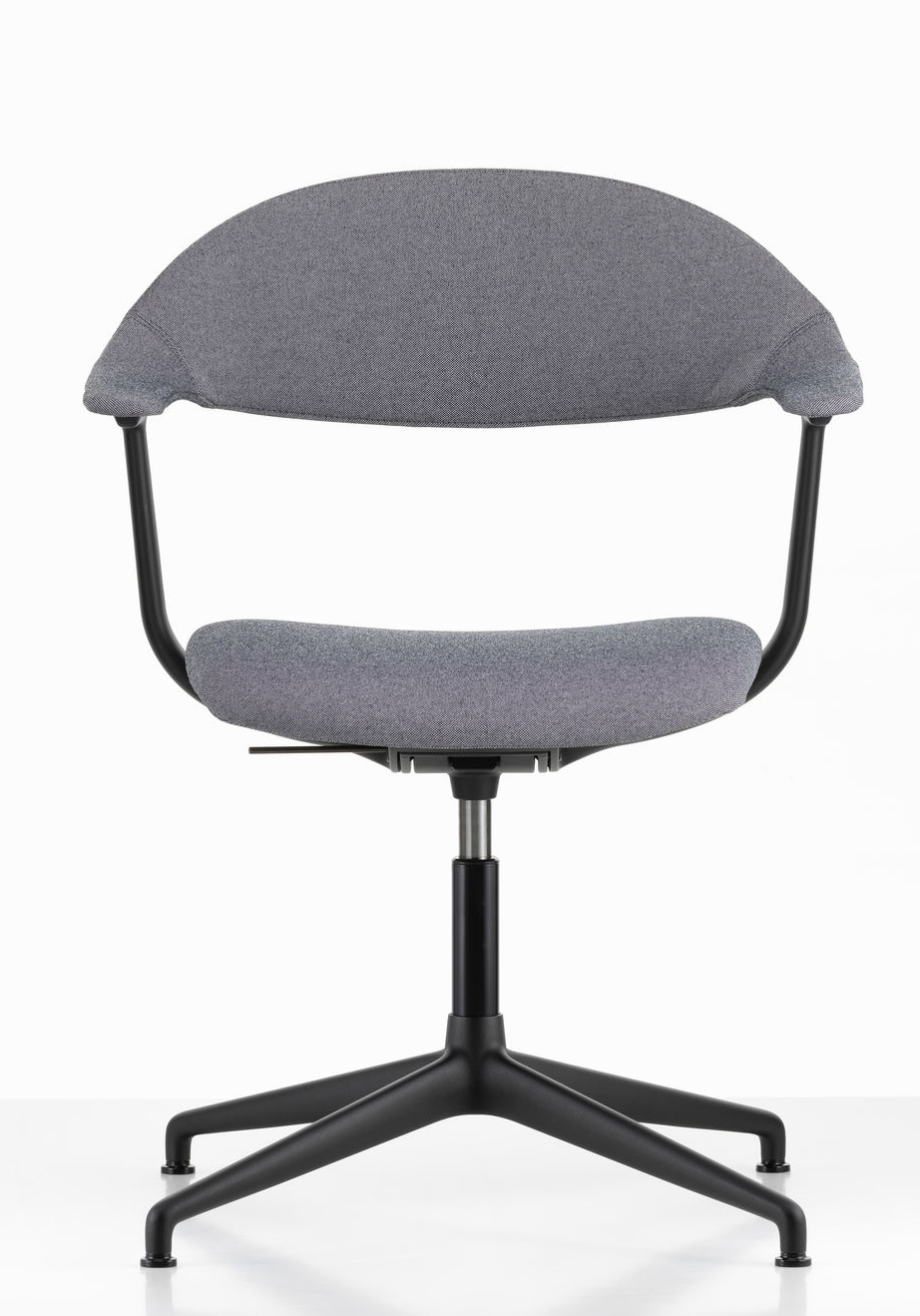 Grauer Mynt Bürodrehstuhl von Vitra mit Rückenlehne und Sitz aus Kunststoff, schwarzem Fußkreuz.