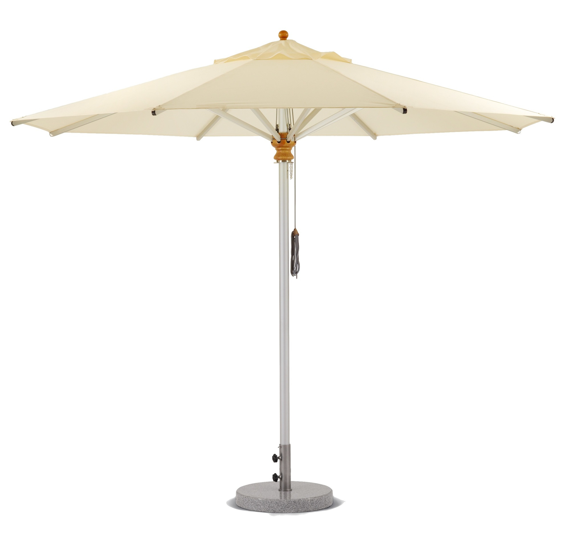 Weishäupl Sonnenschirm: Runder, elfenbeinfarbener Schirm mit Aluminiumgestell und grauem Granitfuß für Garten, Terrasse und Balkon.