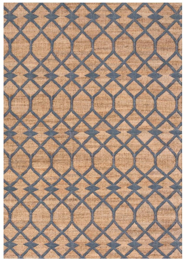 Kilim Teppich mit geometrischem Muster in Beige und Blau, ideal für Wohnzimmer und Schlafzimmer.