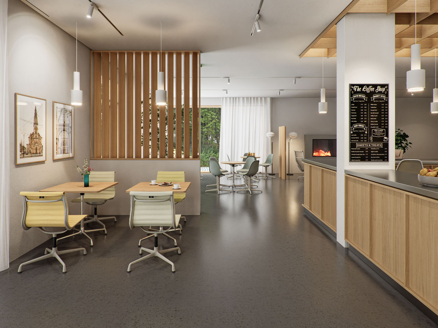 Innenaufnahme eines Cafés mit mehreren Aluminium Chair EA 104 Stühlen von Vitra an Holztischen.
