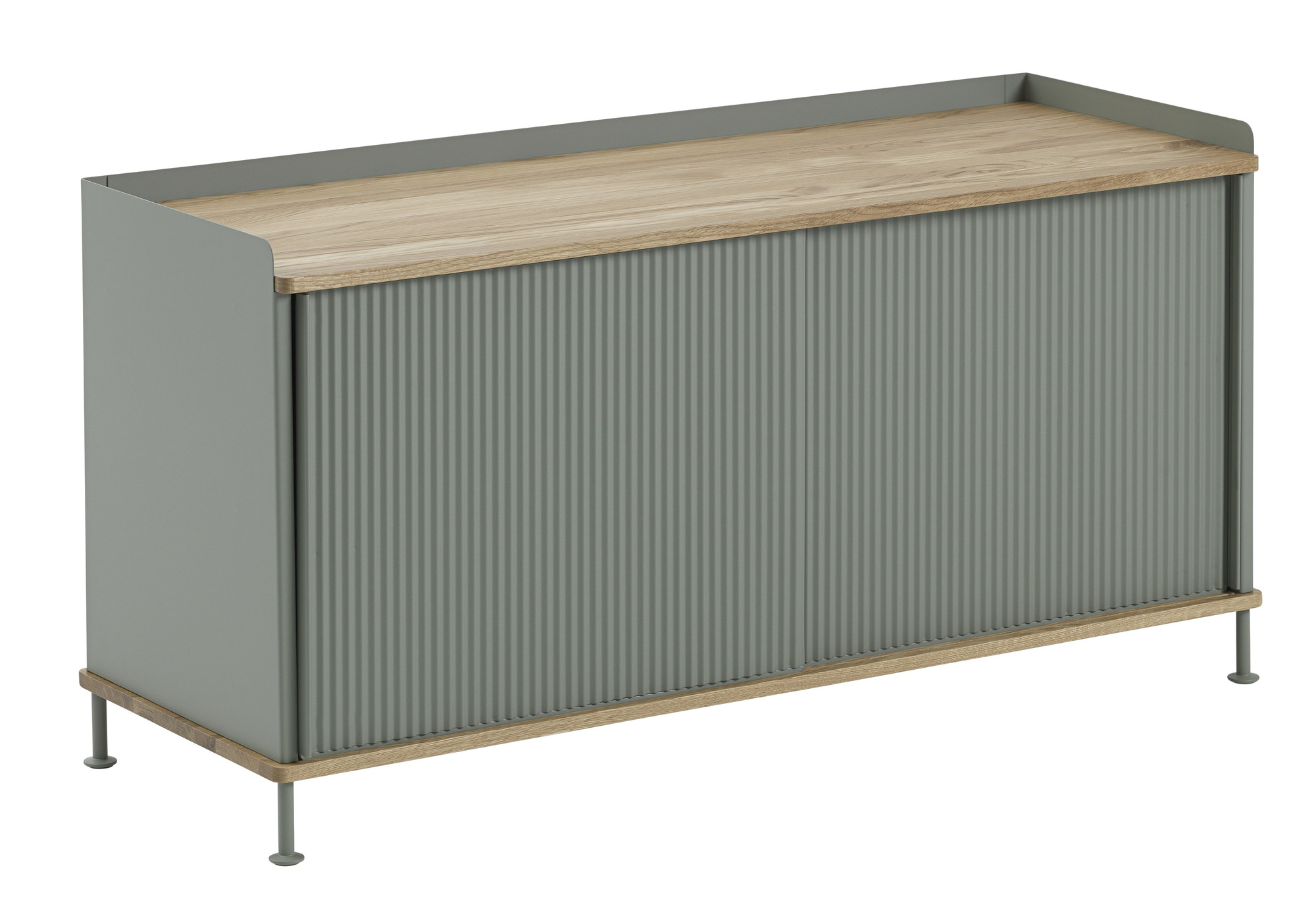 Muuto Enfold Sideboard Low, graues Lowboard mit Holzplatte und geriffelten Schiebetüren für modernes Wohnzimmer.