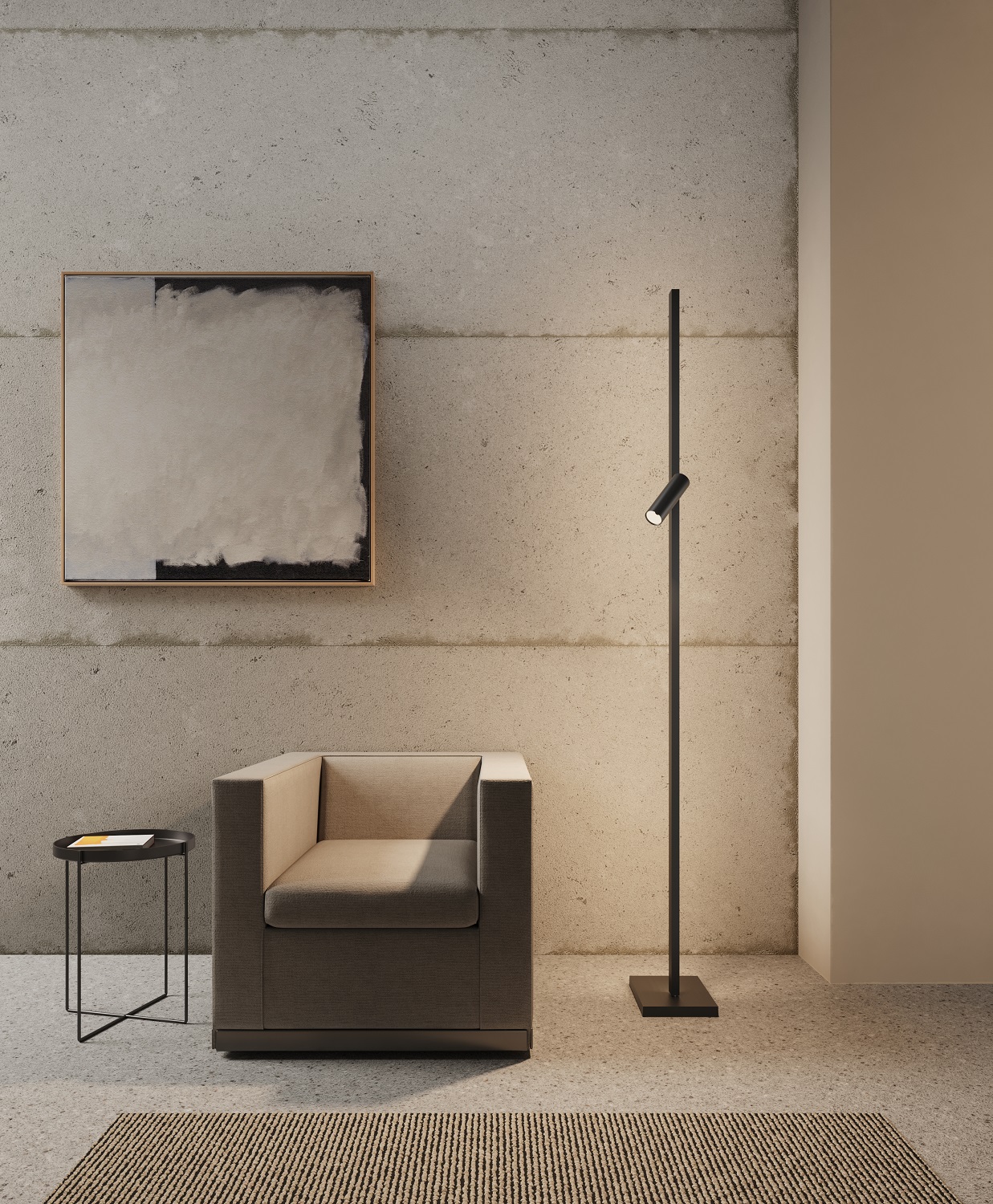 Zen X Floor Lamp Stehleuchte in modernem Wohnzimmerambiente mit Sessel, Tisch und Kunstwerk.