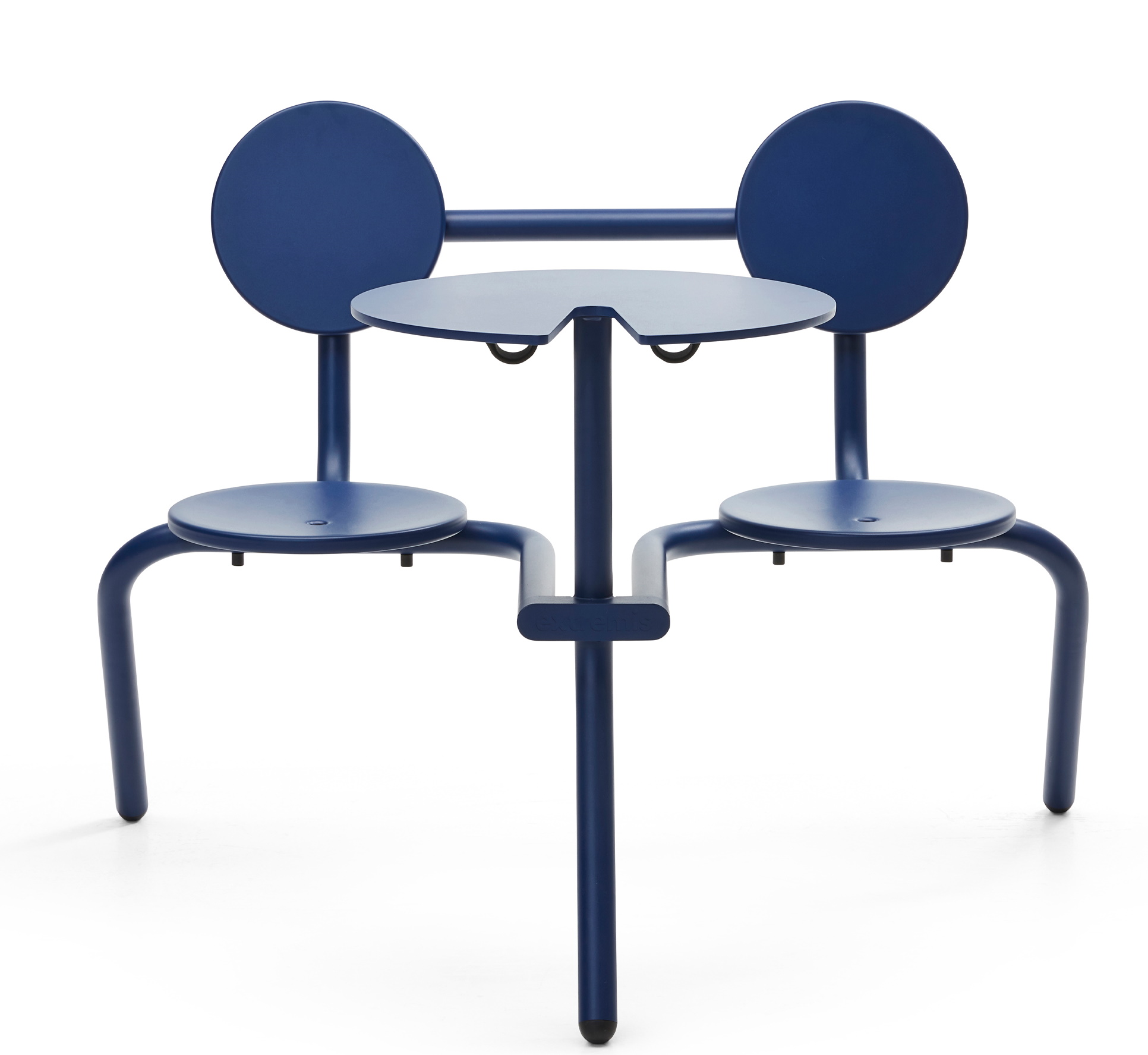 Blauer Bistroo Stuhl mit integriertem Tisch von Extremis, modernes Outdoor Möbel für zwei Personen.