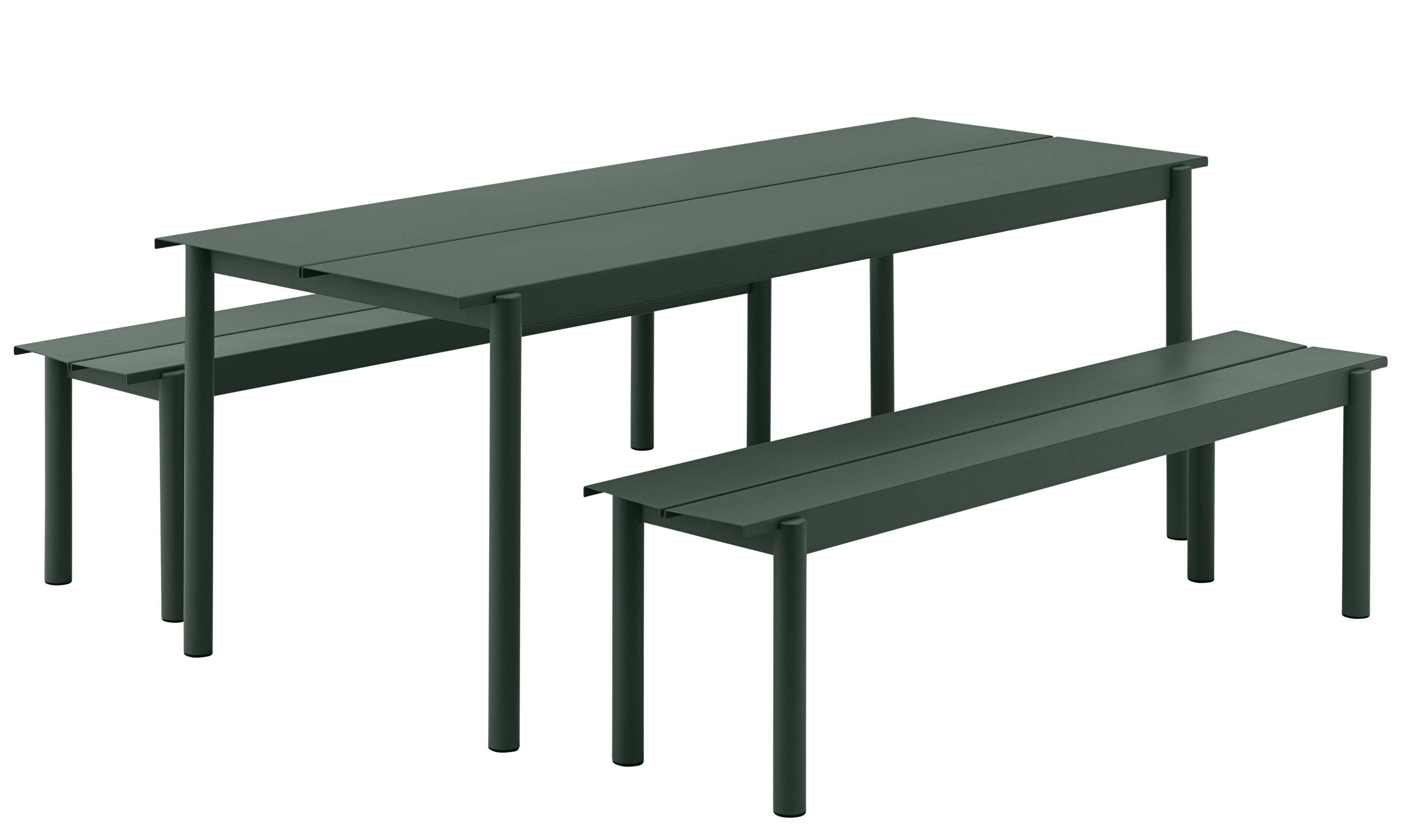 Muuto Linear Steel Outdoor Bank 170 cm in Grün, moderne Gartenbank aus Stahl für Terrasse und Garten.