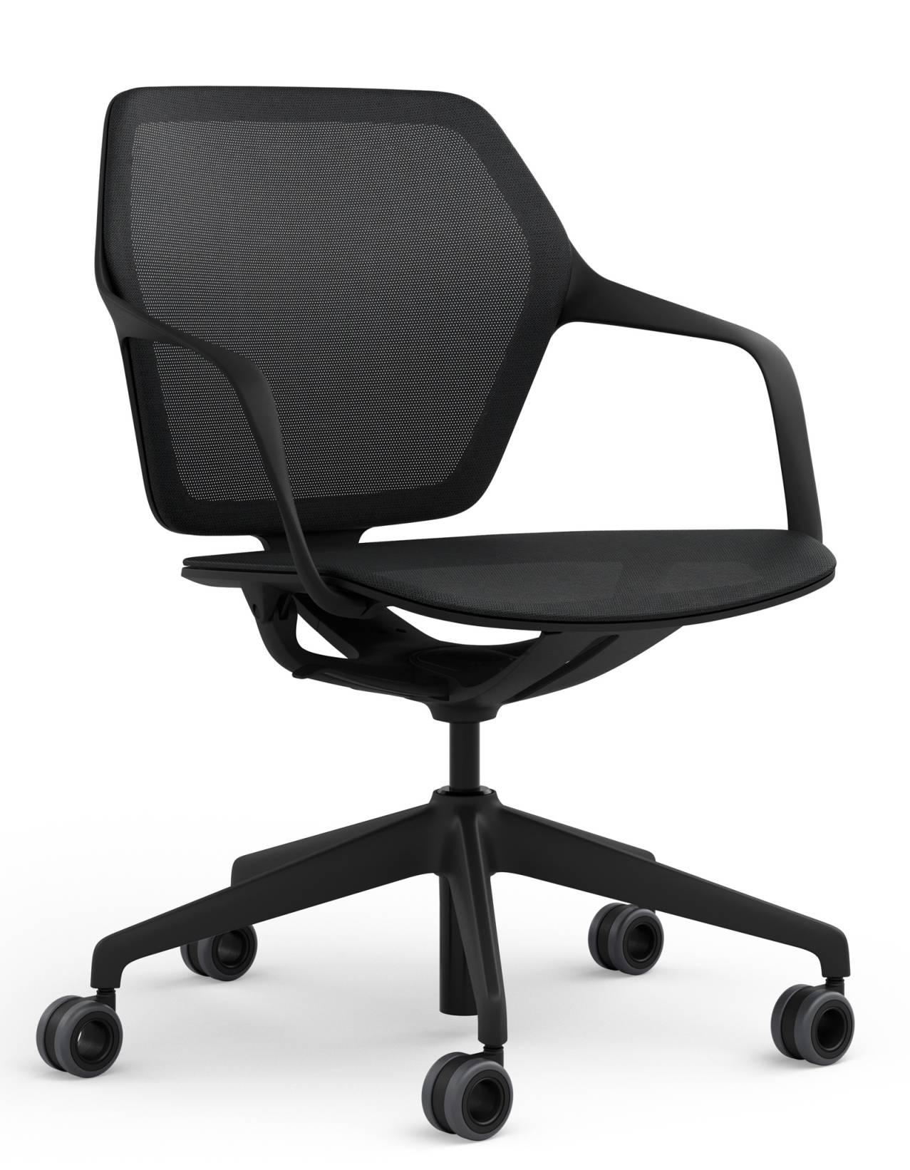 Ray Work Drehstuhl von Brunner in Schwarz mit Armlehnen und Rollen vor weißem Hintergrund.