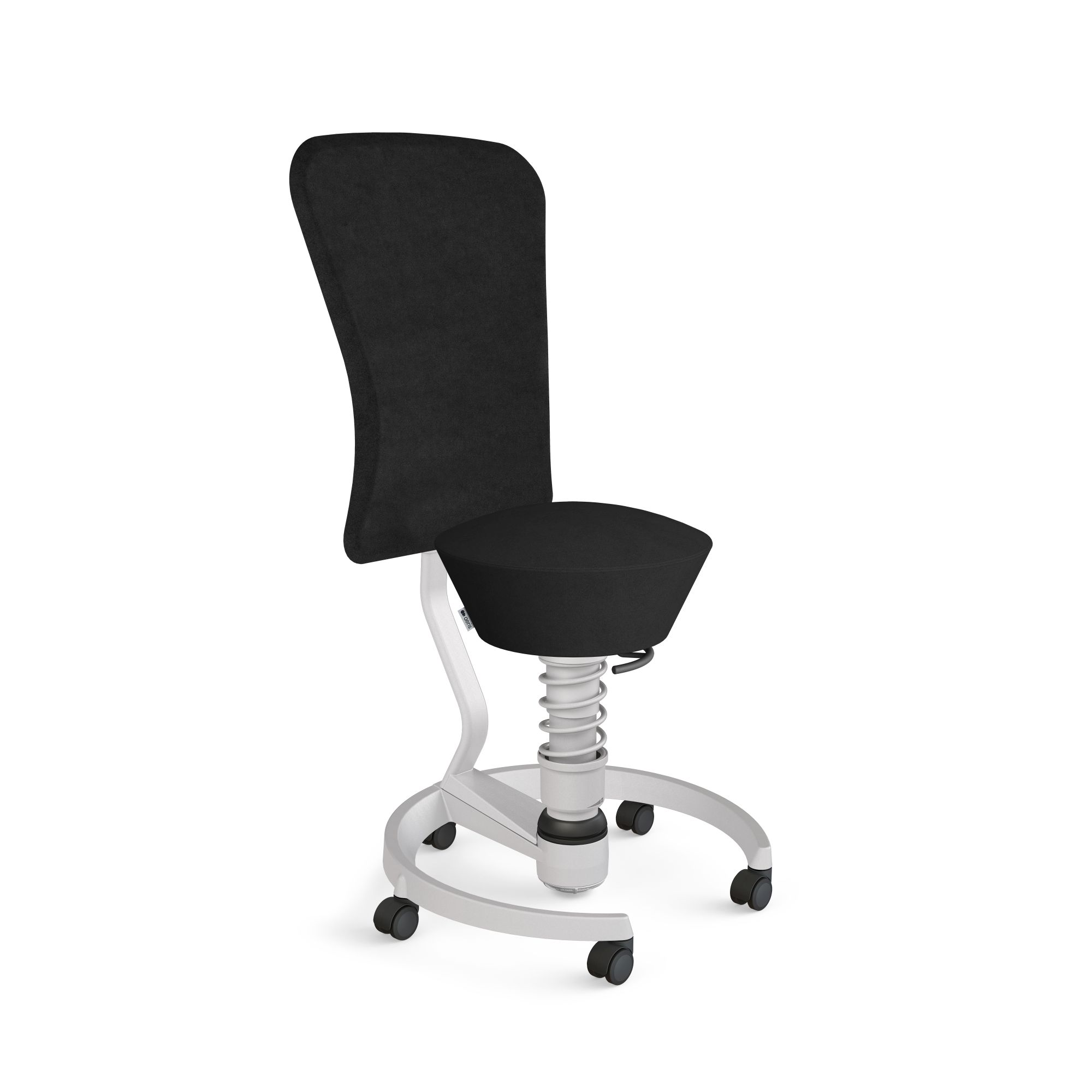 Ergonomischer Bürostuhl mit schwarzem Stoffbezug, weißem Gestell und Rollen für dynamisches Sitzen.