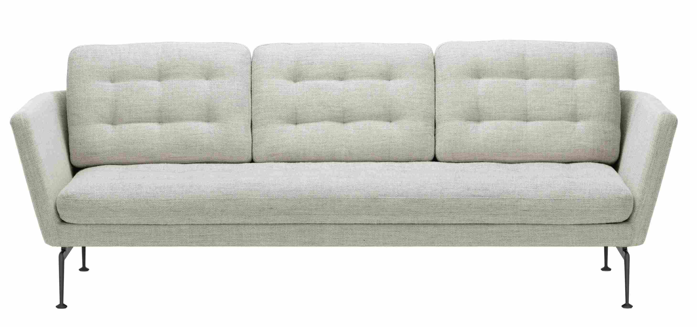 Vitra Suita Sofa, 3-Sitzer in hellgrauem Stoffbezug mit Knopfheftung und schwarzen Füßen.