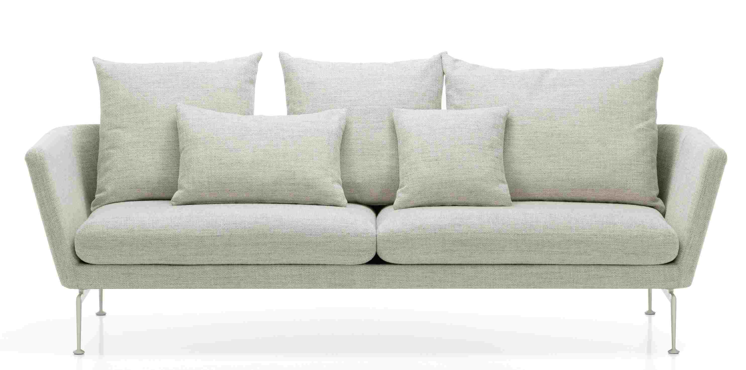 Vitra Suita Sofa 3-Sitzer, modernes Design Sofa mit hellgrauem Stoffbezug und losen Kissen.