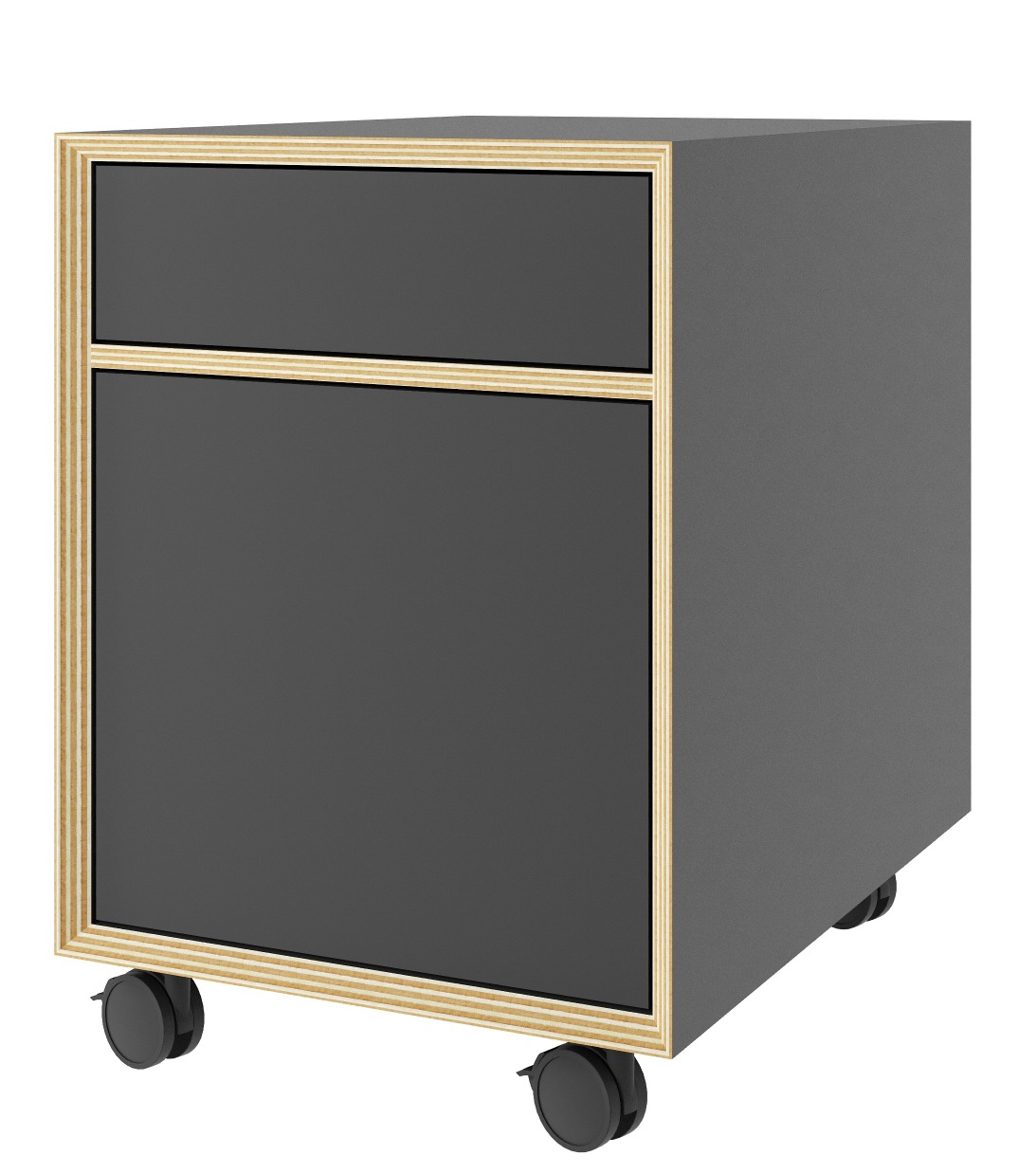 Grauer Bridge Rollcontainer von Müller Möbelwerkstätten mit zwei Schubladen und schwarzen Rollen.