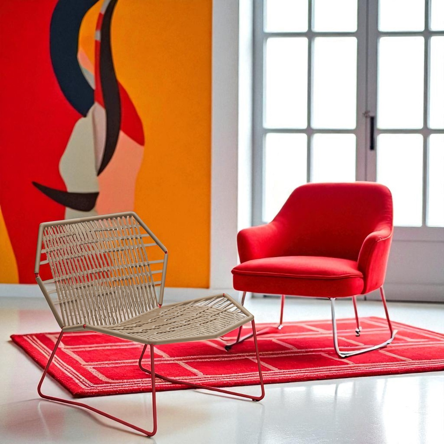 Tropicalia TR0 Sessel von Moroso: Moderner Indoor Sessel mit geflochtener Sitzfläche und rotem Metallgestell.
