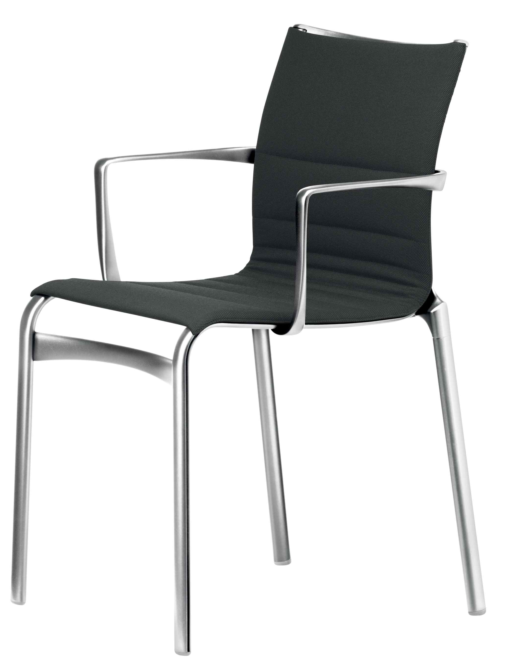 Bigframe Stuhl: Moderner Bürostuhl mit Armlehnen und grauem Stoffbezug auf silbernem Metallgestell.