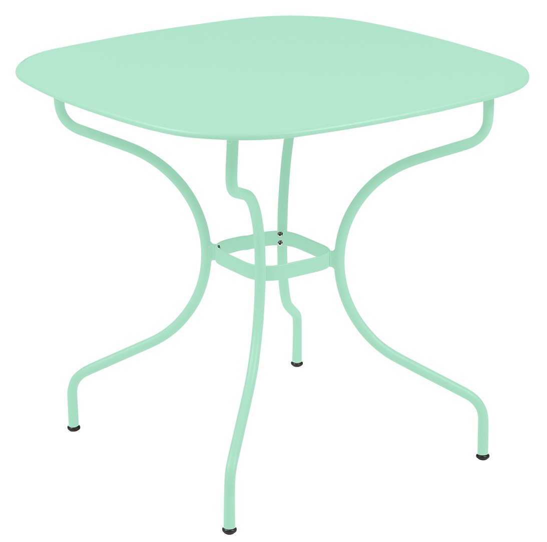 Mintgrüner Fermob Opéra+ Carronde Tisch, 82x82 cm, für den Außenbereich. Quadratischer Gartentisch aus Metall.