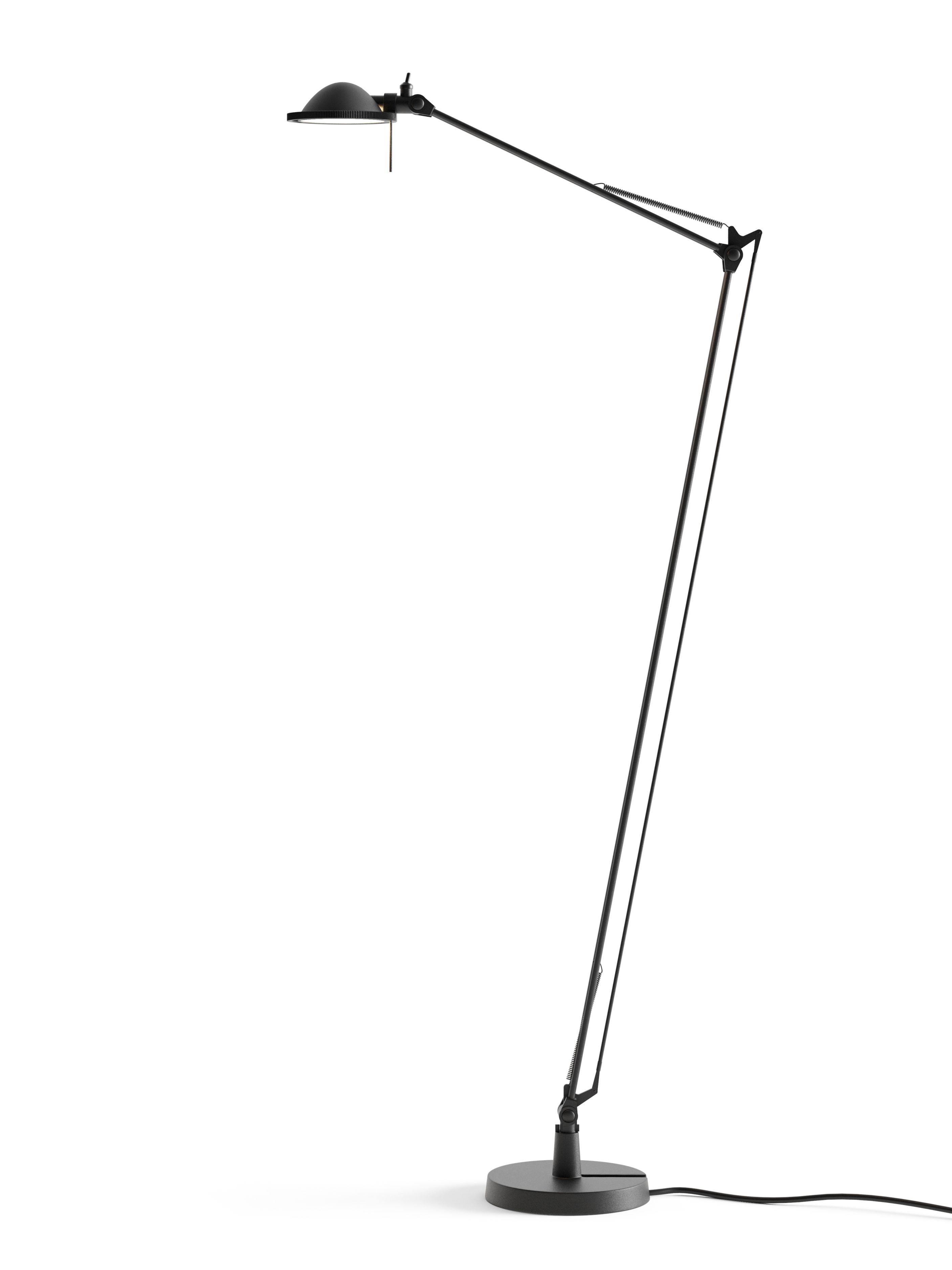 Schwarze Luceplan Berenice Stehleuchte mit Metallreflektor, flexiblem Arm und modernem Design.