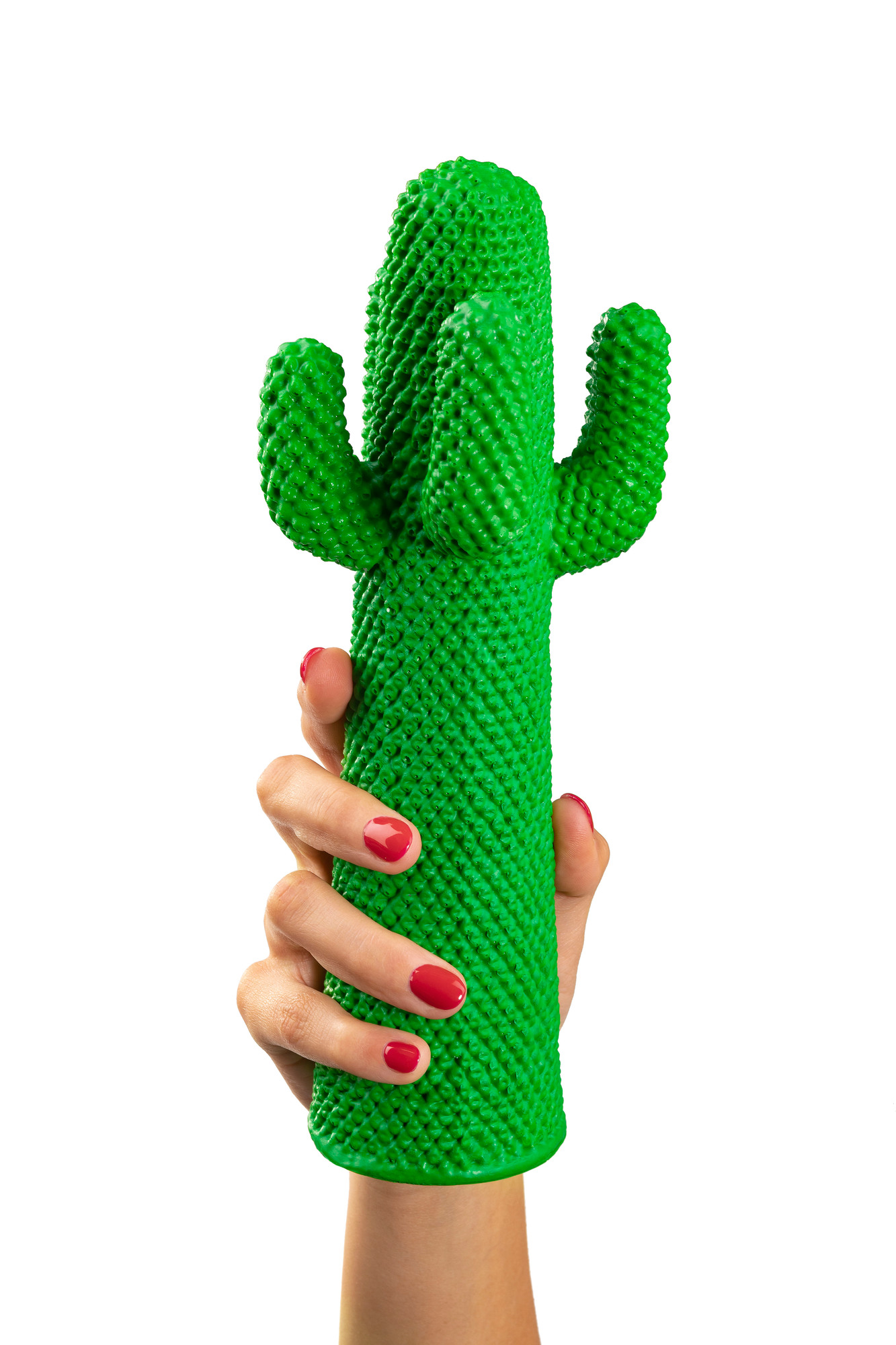 Grüner Guframini Cactus Miniatur Design Kaktus in Hand gehalten, Deko-Objekt für Zuhause.
