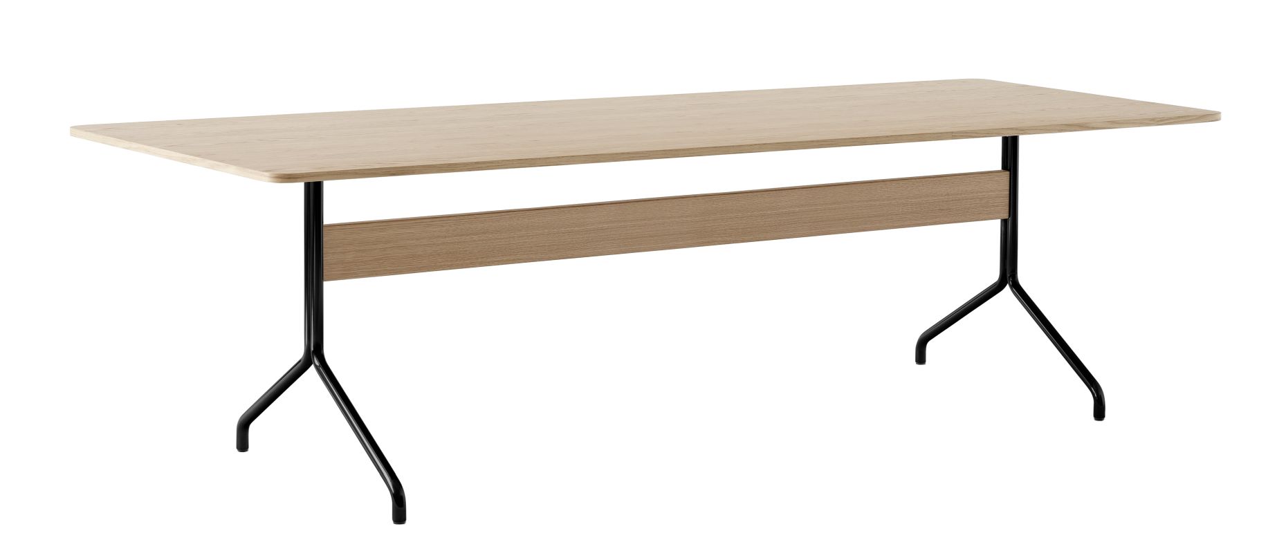 AndTradition Pavilion Tisch AV18 mit heller Tischplatte und schwarzem Metallgestell, freigestellt.