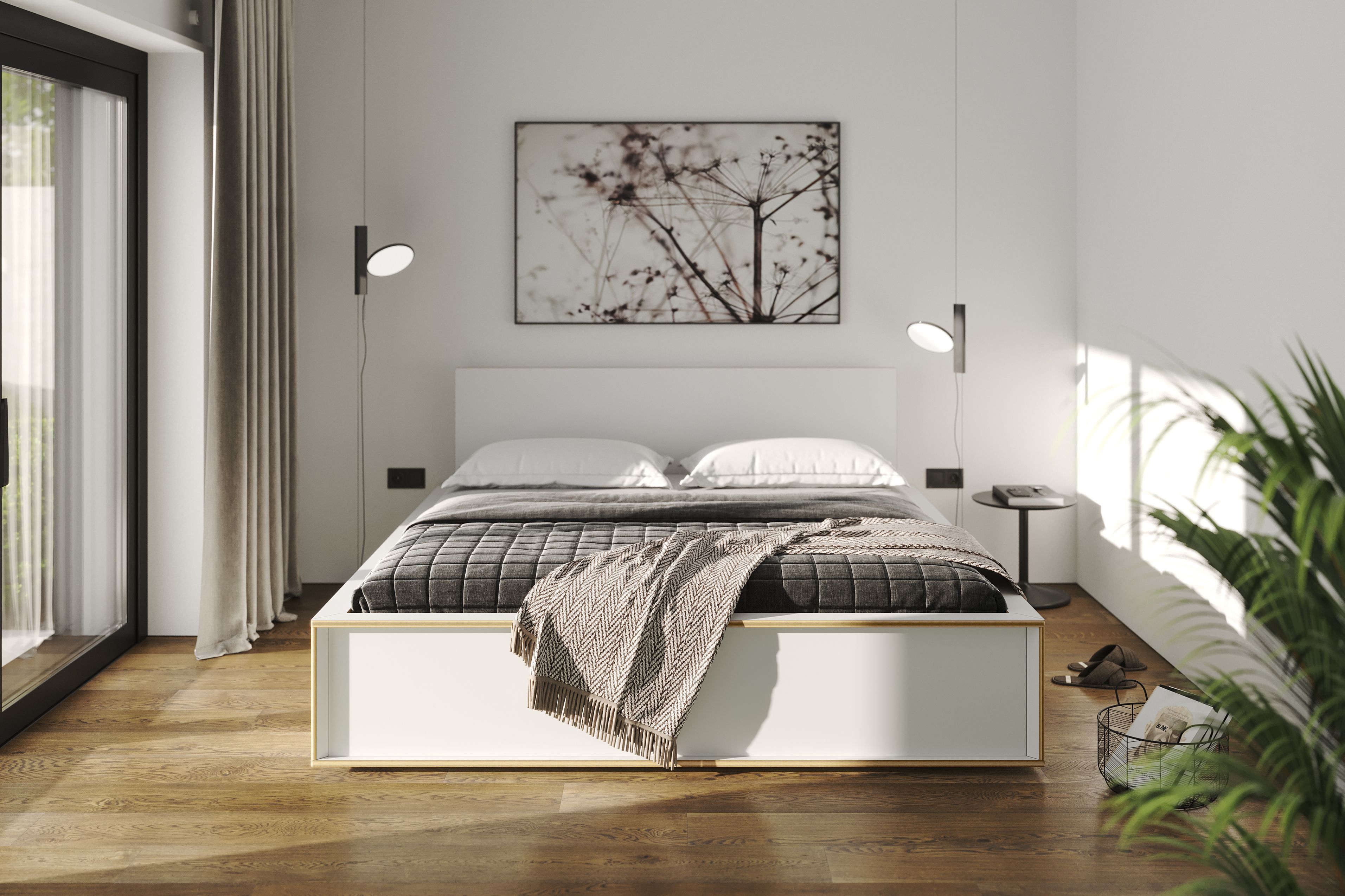 Spaze Bett von Müller Möbelwerkstätten in minimalistischem Schlafzimmer mit Holzboden und Tageslicht.