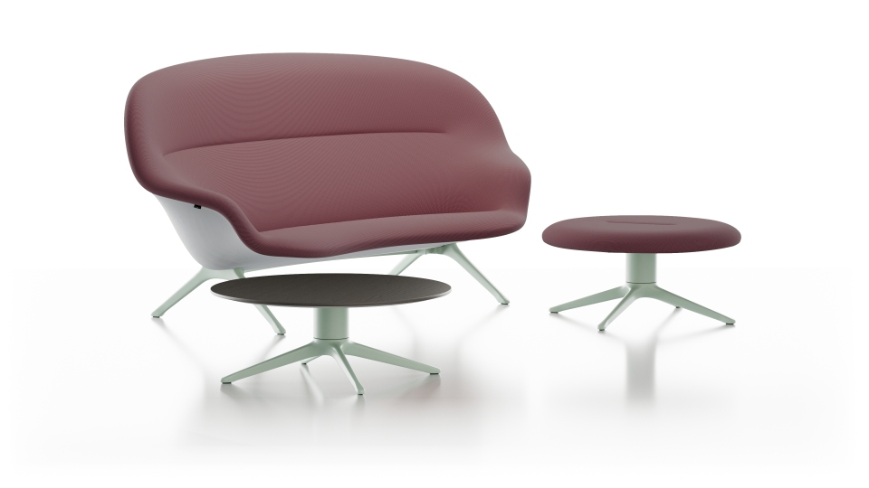 Abalon Sofa von Vitra, modernes Designersofa in Rot mit Beistelltisch und Hocker.