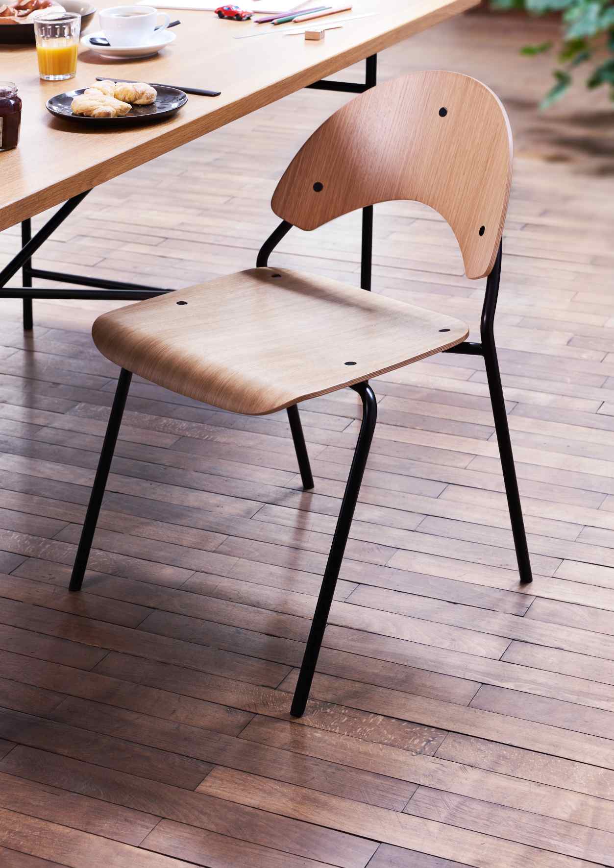 Frog Stuhl von Richard Lampert: Holzstuhl mit schwarzem Metallgestell im modernen Design.