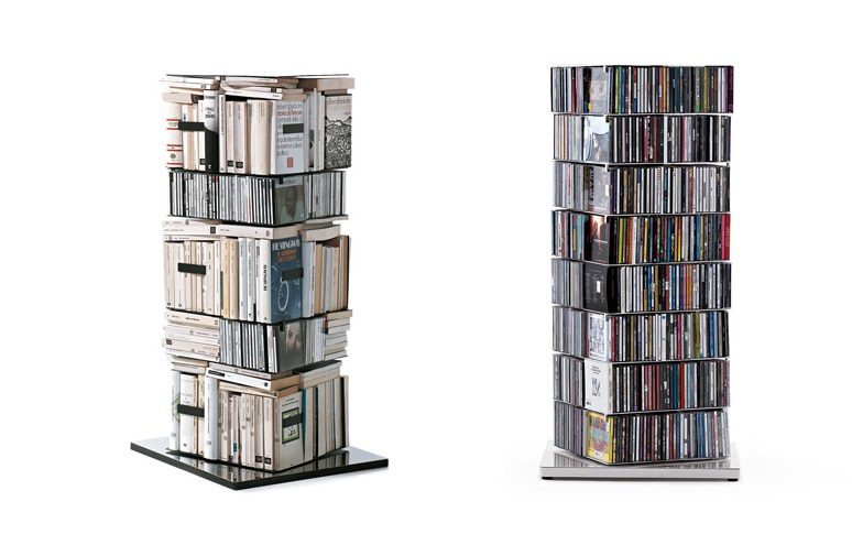 Ptolomeo x4 Bücher- und CD-Säule: Drehbare Regale für Bücher und CDs, modernes Design.