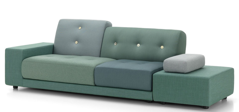 Vitra Polder Sofa mit grünen und grauen Stoffbezügen und Knopfdetails für modernes Wohnzimmerdesign.