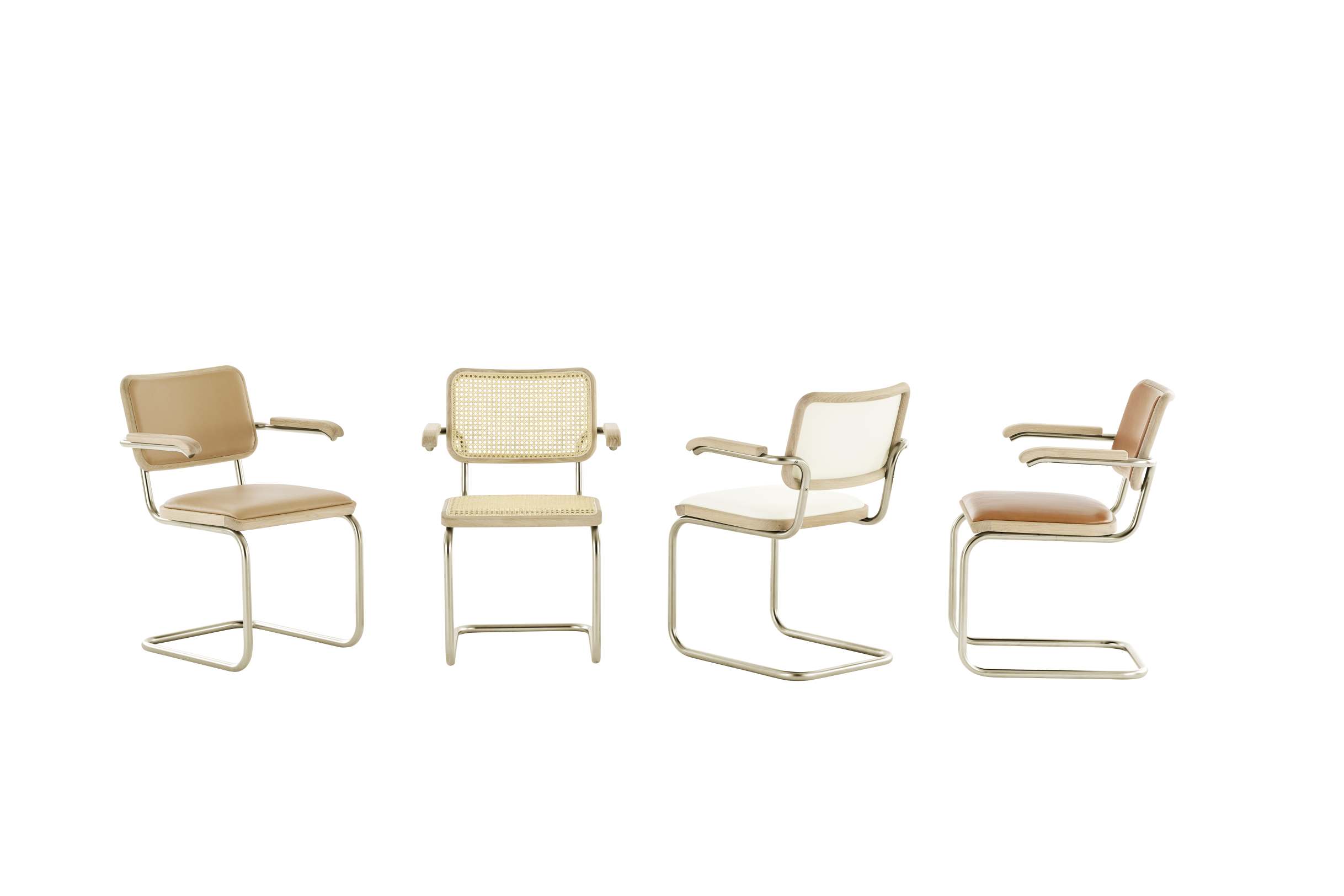 JS. Thonet S 64 V Freischwinger Stühle mit Armlehnen, unterschiedlichen Sitzflächen und Stahlrohrgestell vor weißem Hintergrund.